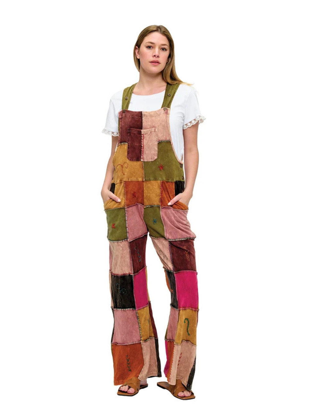 26954 | Yak & Yeti Colorblock Patchwork Vintage Washed Overalls | Sizes S/M-L/XL